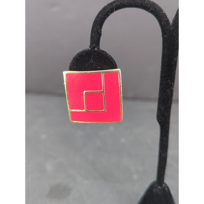 Vintage Pink Red Enamel Square Clip On Earrings Gold Tone Geometric Retro 1980s