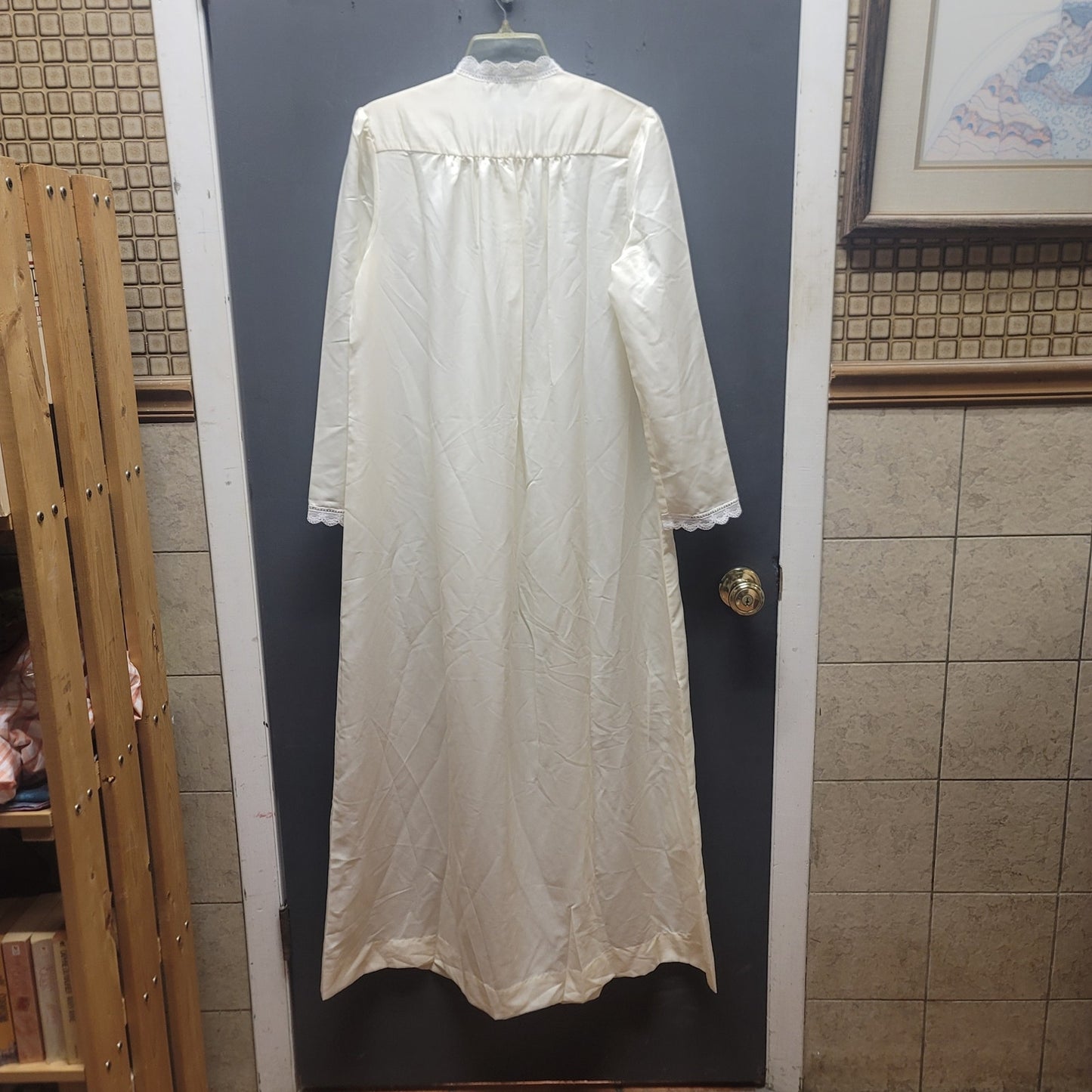 Christian Dior Vintage Cream Lace Trim Long Nightgown Robe Retro Coquette Small