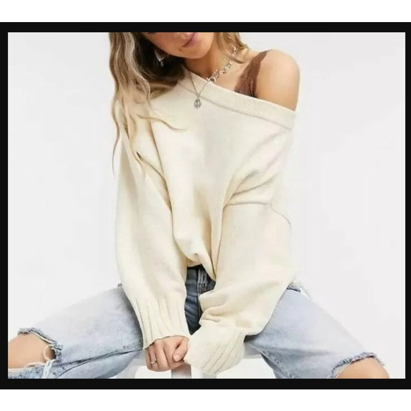 Free People Ivory Combo Street Fair XS Sweater NEW Ribbed Cuffs Waist Crew Neck