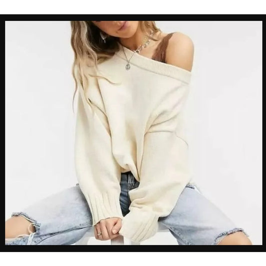 Free People Ivory Combo Street Fair XS Sweater NEW Ribbed Cuffs Waist Crew Neck