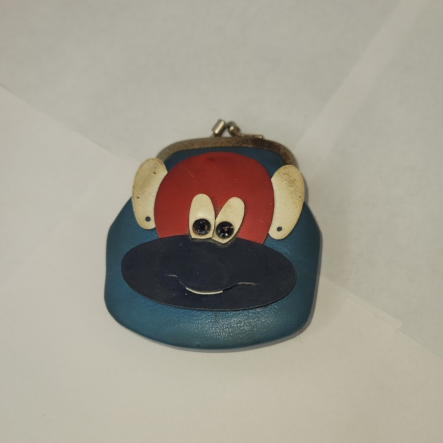 Vintage 1970s Monkey Coin purse kiss lock Blue Red White 4" money pouch