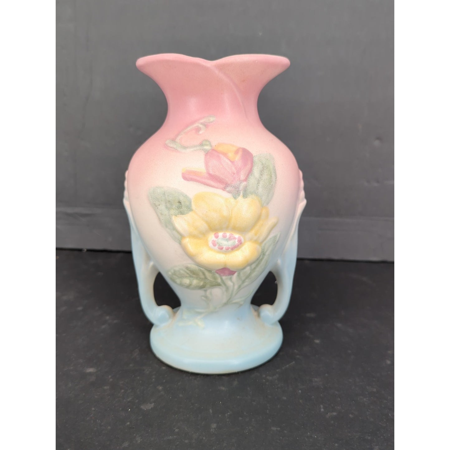 Vintage Hull Pottery Magnolia Double Handled Vase Matte Pink Blue Yellow