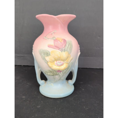 Vintage Hull Pottery Magnolia Double Handled Vase Matte Pink Blue Yellow