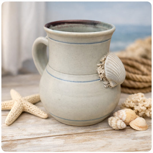 Wakulla Clay '86 Art Pottery Studio coffee tea mug blue cream Seashell
