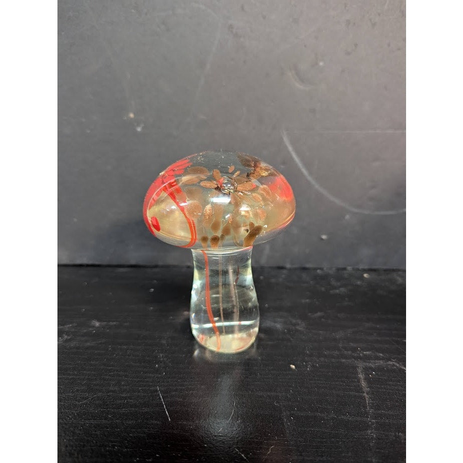 BEAUTIFUL RED YELLOW BROWN FLOWERS GLASS MUSHROOM TOADSTOOL PAPERWEIGHT