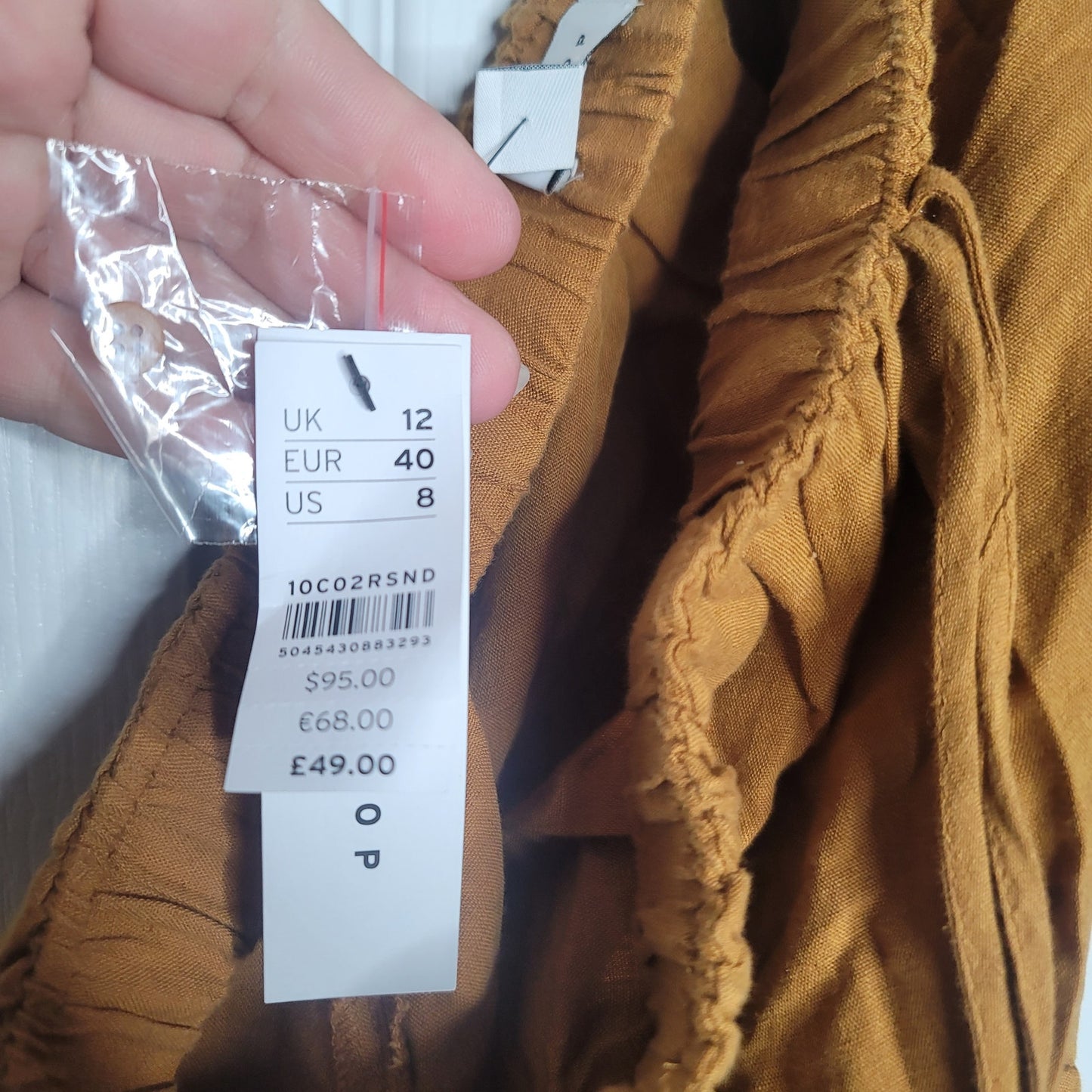 TOPSHOP Linen Belted Bardot Strapless Off Shoulder Dress Tan Brown Size 12