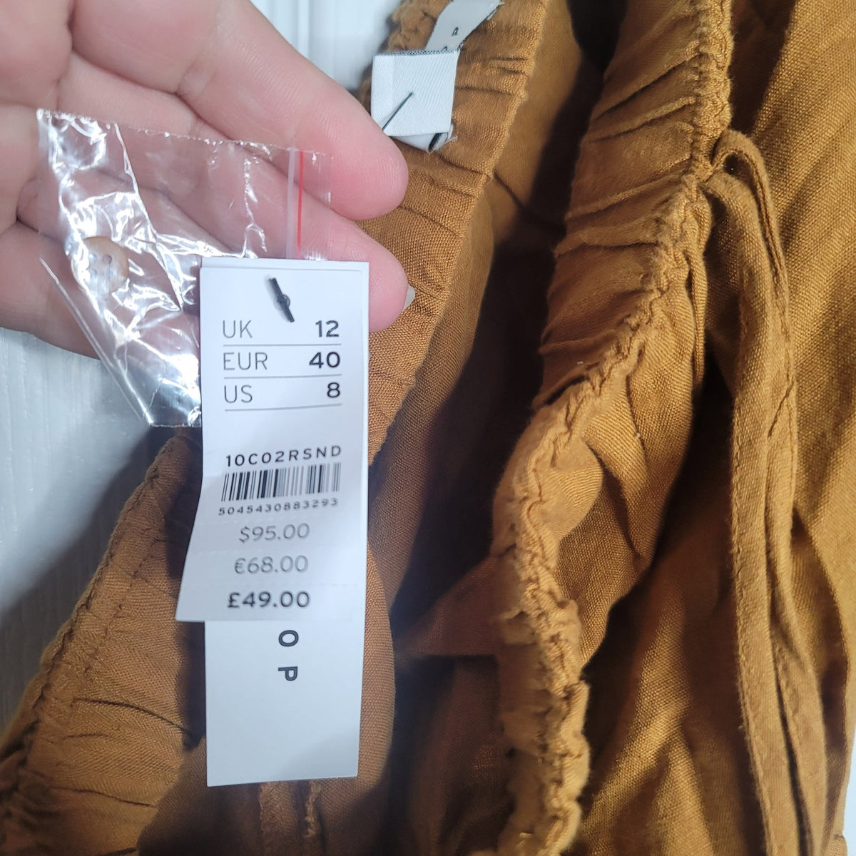TOPSHOP Linen Belted Bardot Strapless Off Shoulder Dress Tan Brown Size 12