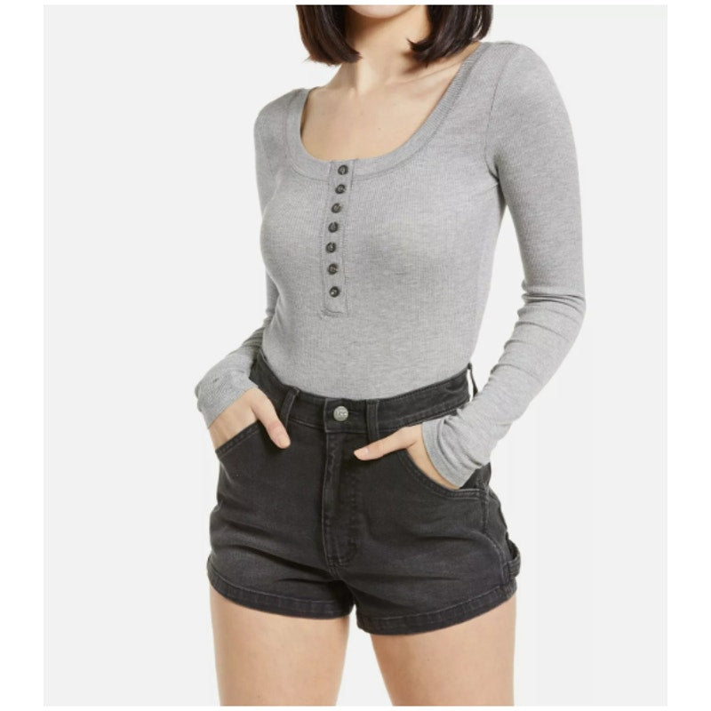 Lulus Simply The Best Henley Bodysuit, Size Small Grey Long Sleeve Full coverage