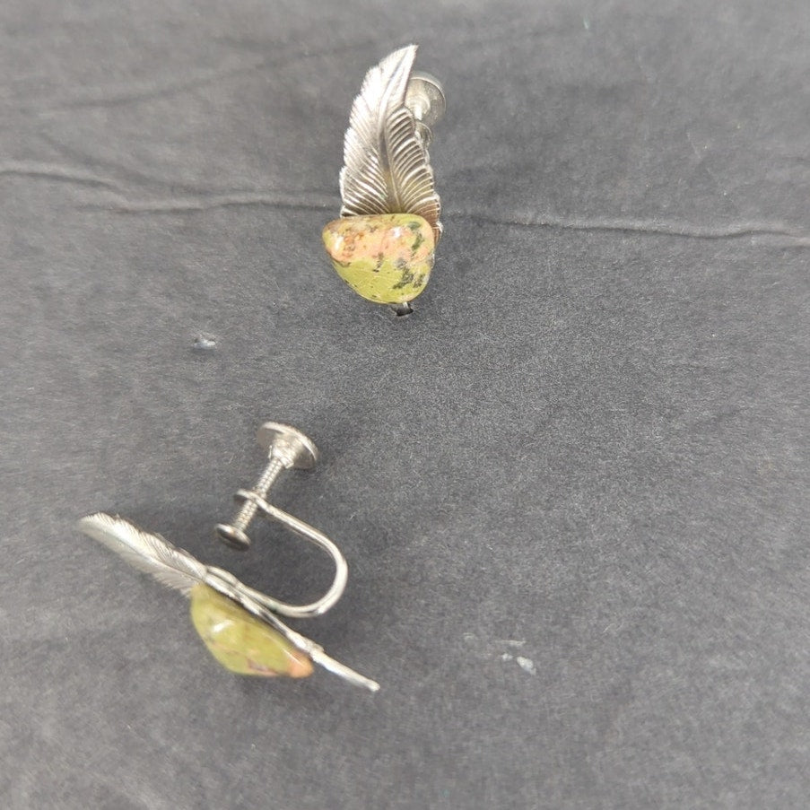 Vintage Unakite Silver Tone Leaf Clip On Earrings Southwestern Retro