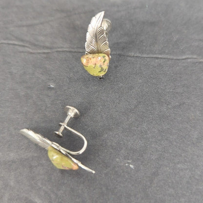 Vintage Unakite Silver Tone Leaf Clip On Earrings Southwestern Retro