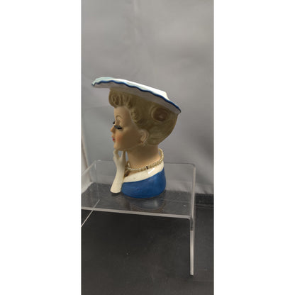 Napco A5046 Blue Lady Headvase Planter MCM Kitsch Retro Collectible Ceramic Vase