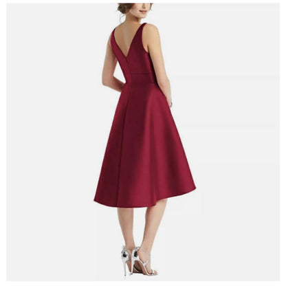 Alfred Sung Sleeveless Sateen Twill Dress Size 0 Burgundy High Low cocktail D765