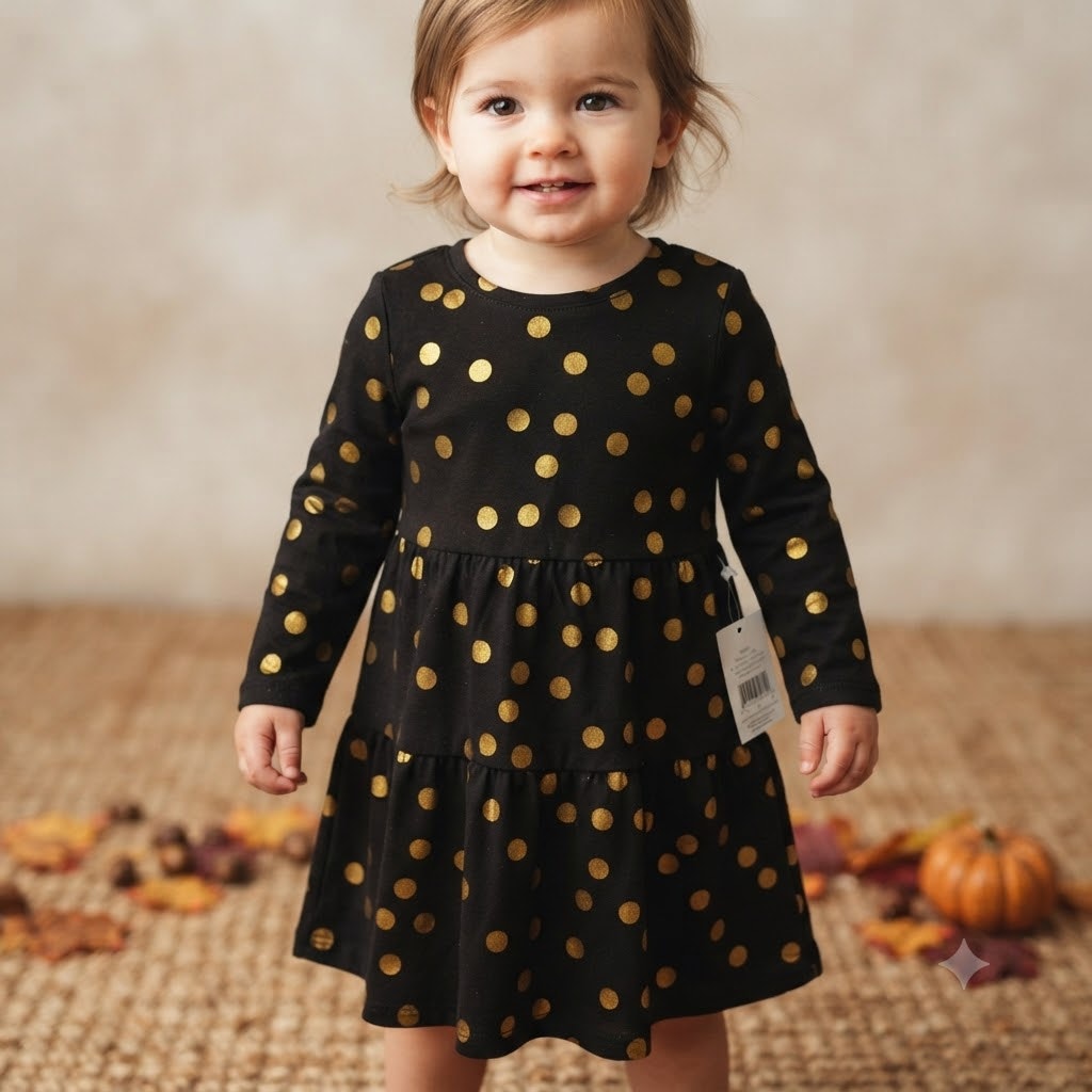 Preppy Harper Canyon Black Gold Metallic Polka Dot Long Sleeve Dress NWT 12M