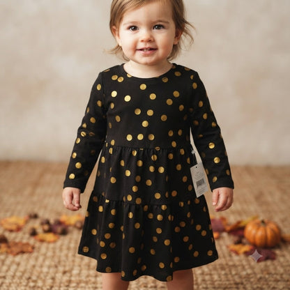 Preppy Harper Canyon Black Gold Metallic Polka Dot Long Sleeve Dress NWT 12M