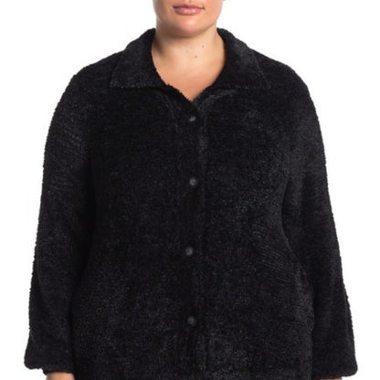 Susina Teddy Fuzzy Eyelash Front Button Cardigan Sweater Long Sleeve Black SMALL