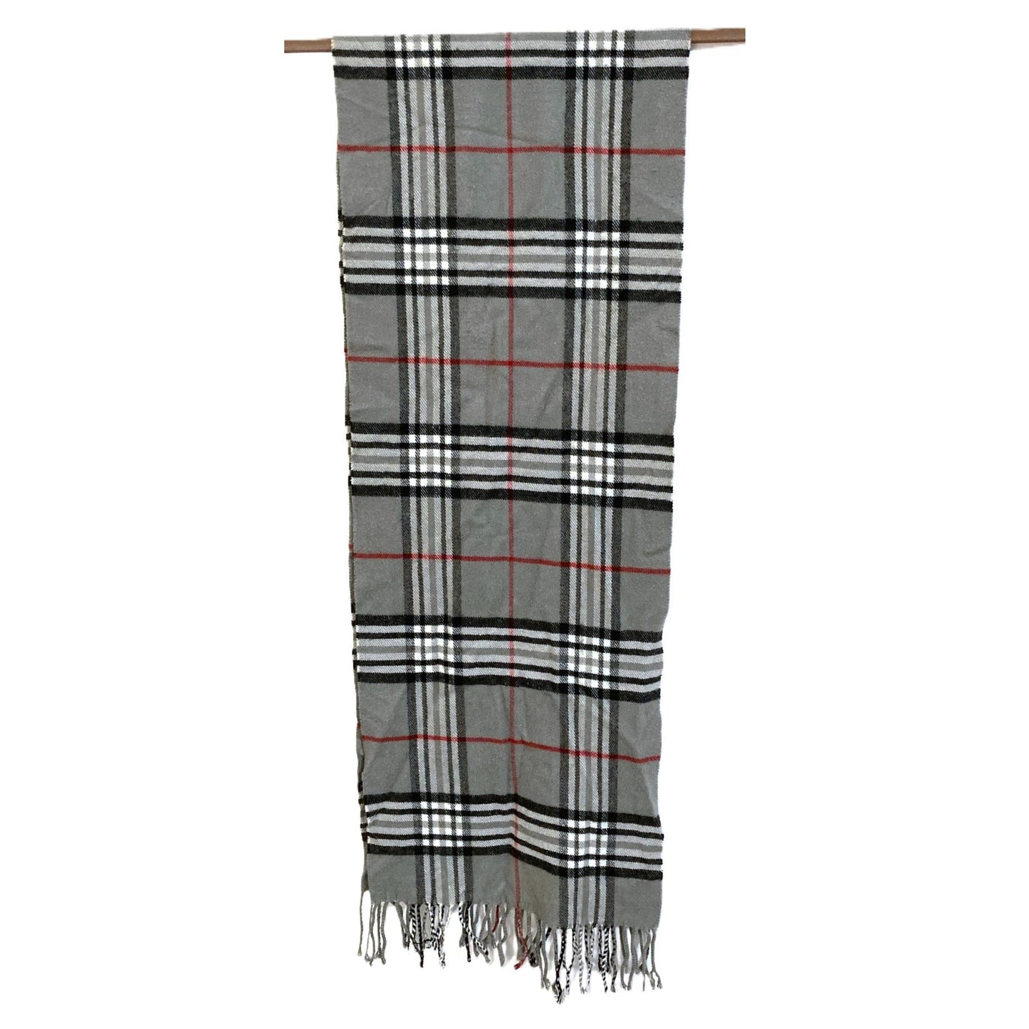 Burberry Made in Scotland 100% Cashmere Plaid Scarf 67x12" in Gray Black Red NWT