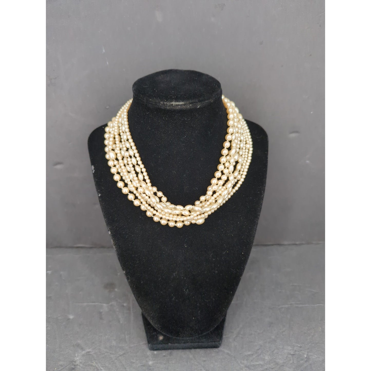 Vintage Multi Strand Faux Pearl Choker Necklace Mid-Century Glamour Statement