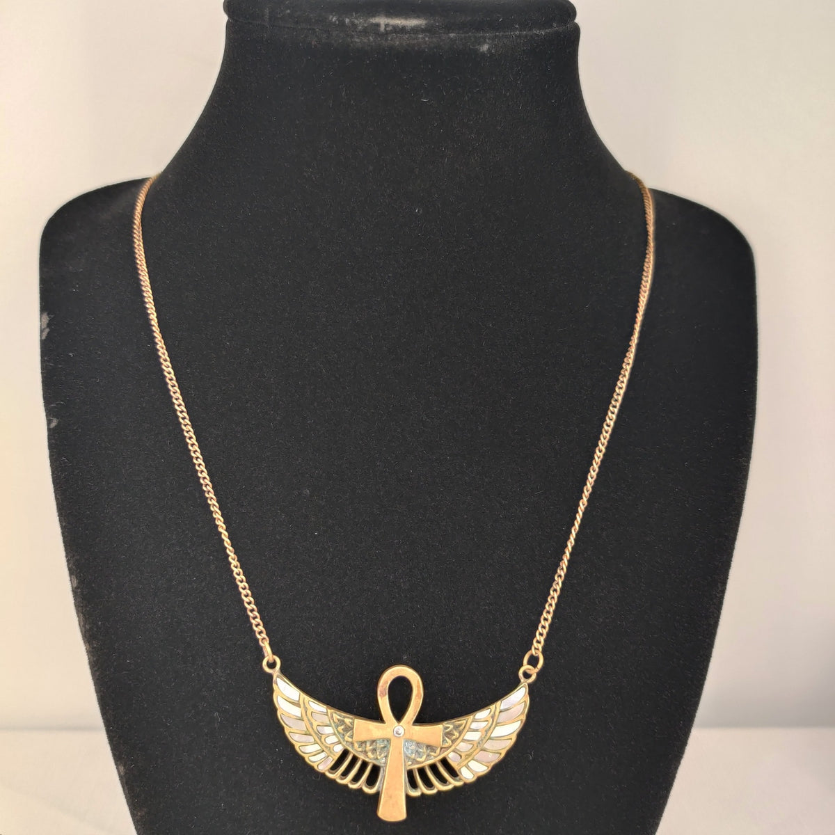 SALALSOL Brass Ankh wings necklace Egyptian Revival Goldtone Ancient Symbol MCM