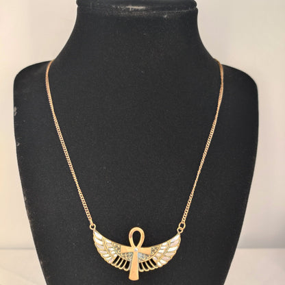 SALALSOL Brass Ankh wings necklace Egyptian Revival Goldtone Ancient Symbol MCM