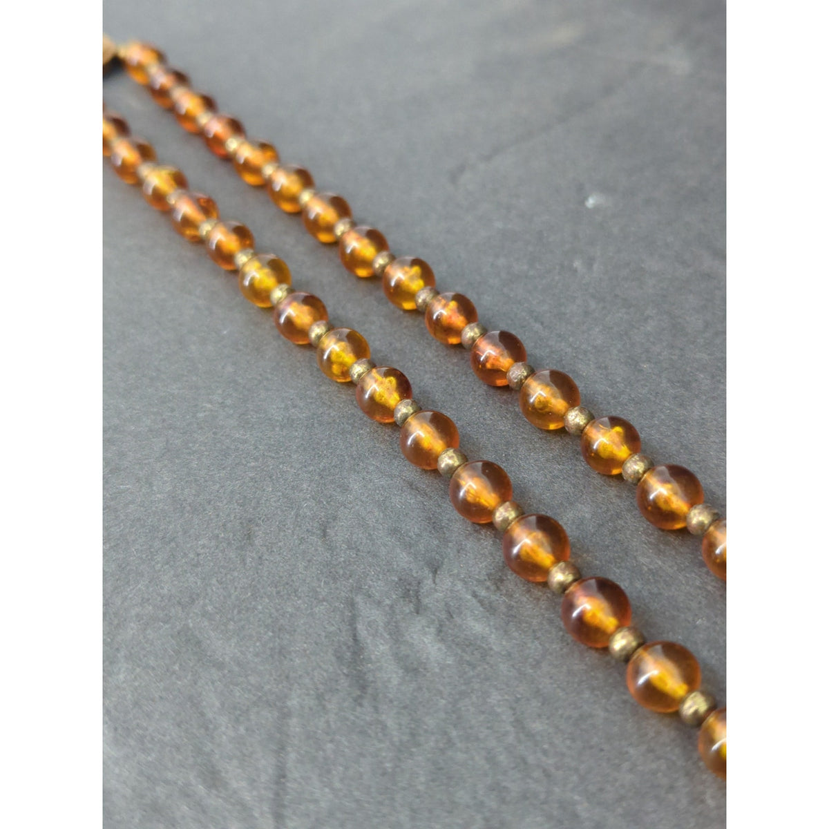 Vintage Amber Glass Bead Gold Tone Box Clasp Strand Necklace Mid-Century