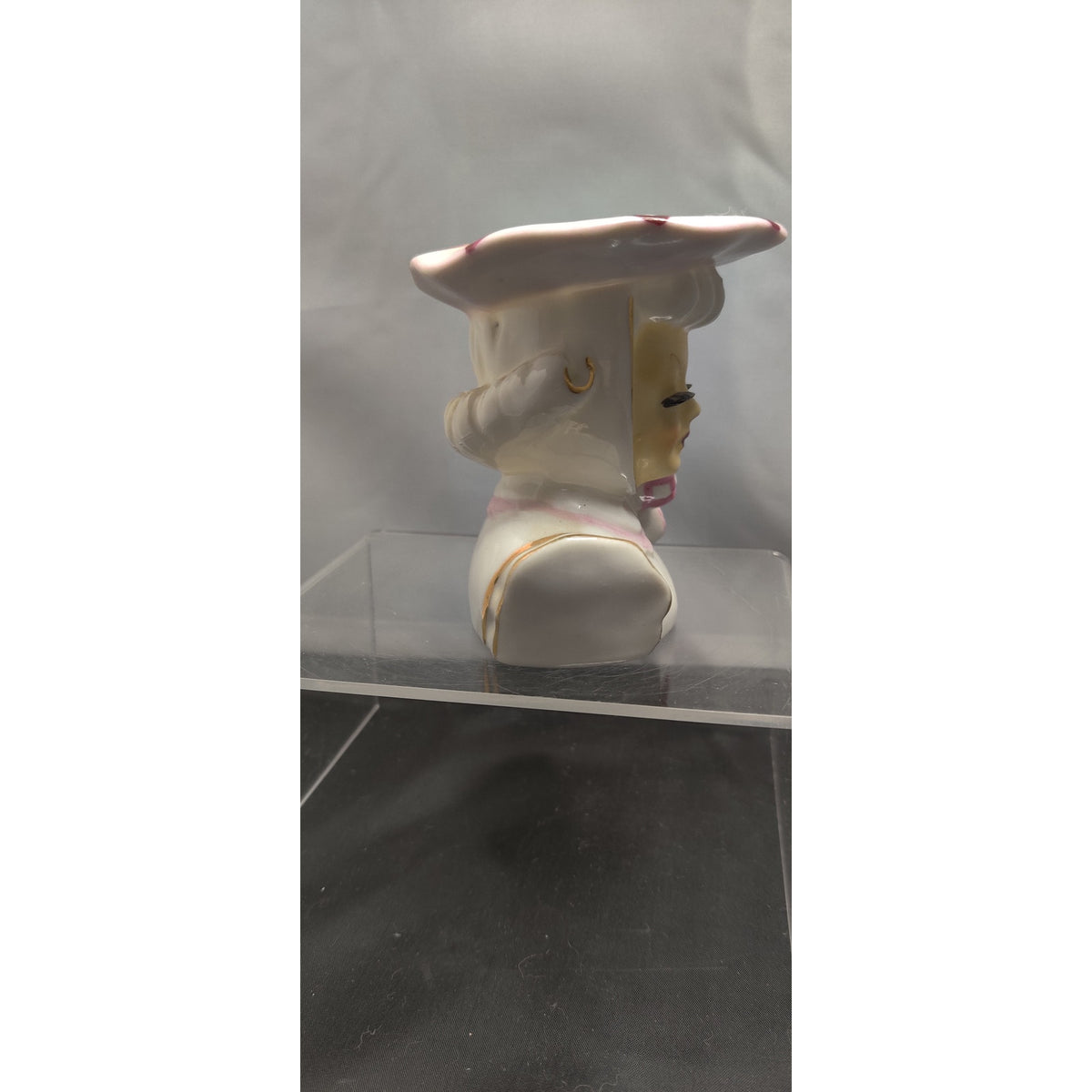 Vintage Ceramic Lady Head Vase Planter Pink Bow 3.6" tall 1950s Wide Brim Hat
