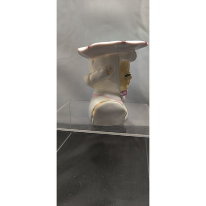 Vintage Ceramic Lady Head Vase Planter Pink Bow 3.6" tall 1950s Wide Brim Hat