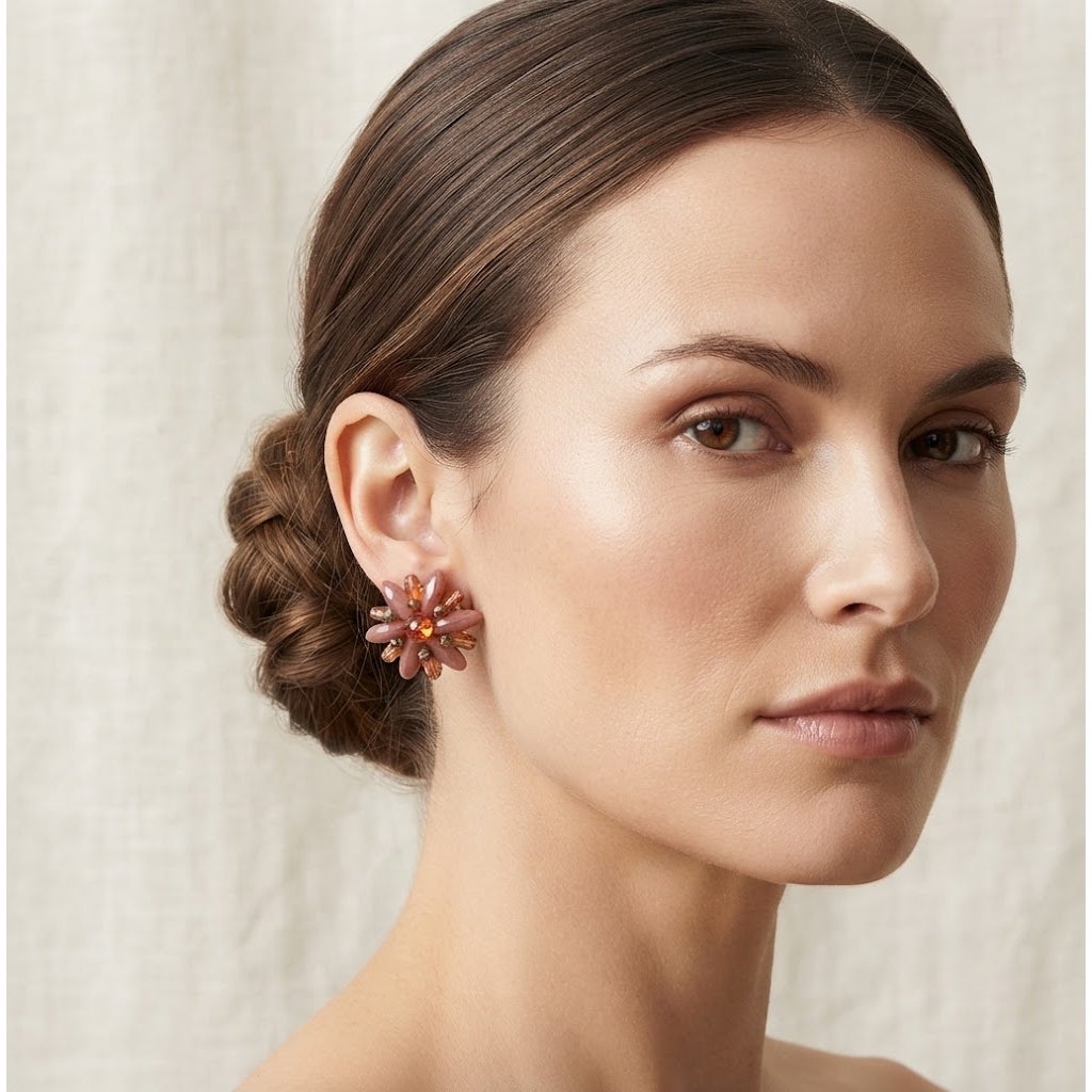 Vintage Hong Kong Spike Bead Cluster Clip On Earrings Mid Century Retro Chic