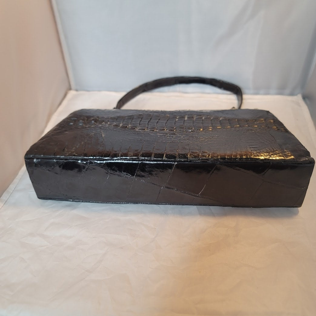 Vintage Genuine Crocodile Skin Hide handbag purse Black gold hardware