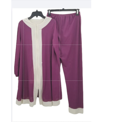 Mary Barron VINtage 3 Piece Pajama Lounge Set Pants Top Robe Purple Cream MEDIUM
