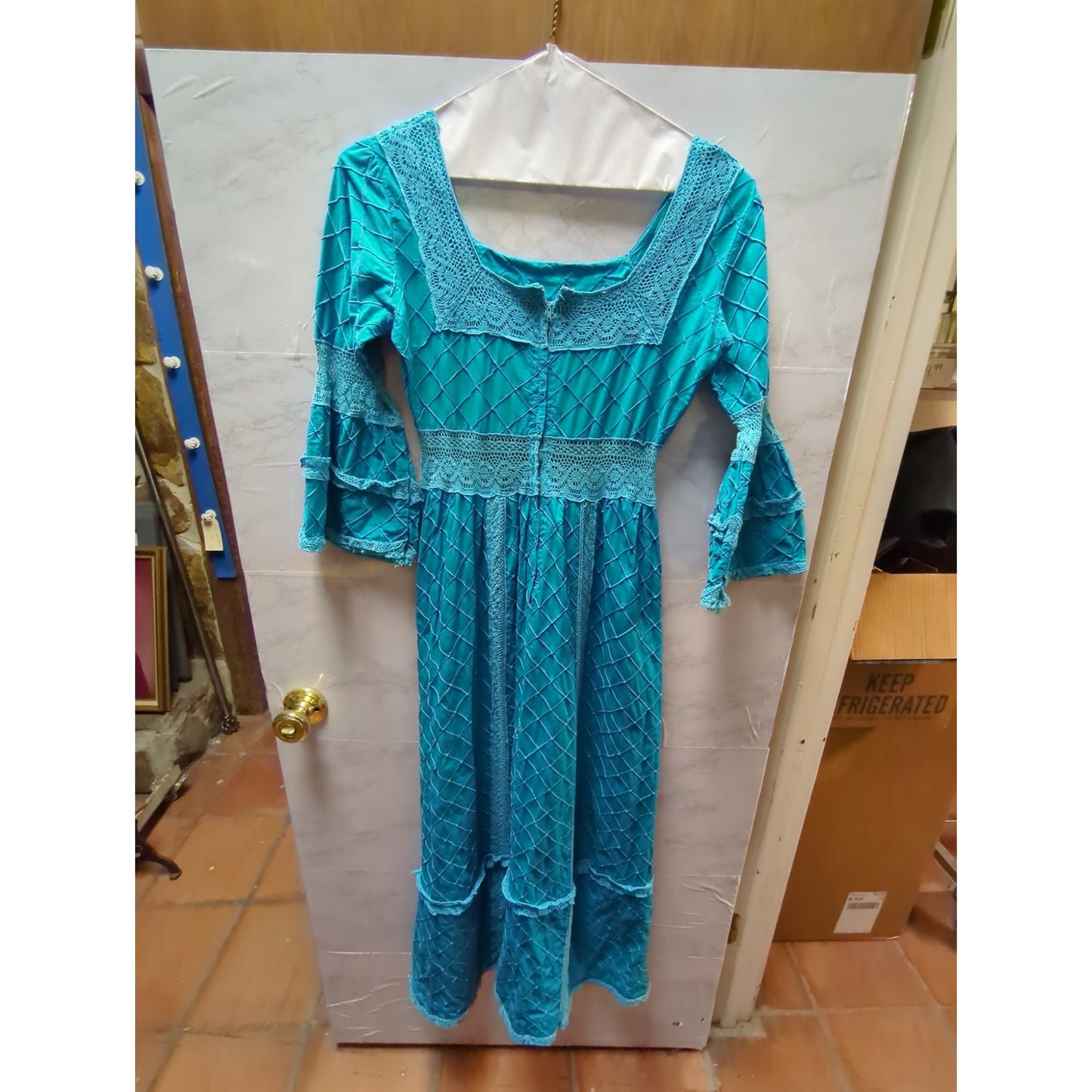 Vintage BOHO Teal Blue dress Maxi dress /Shawl Mexican Wedding Pintuck 2 pc Set