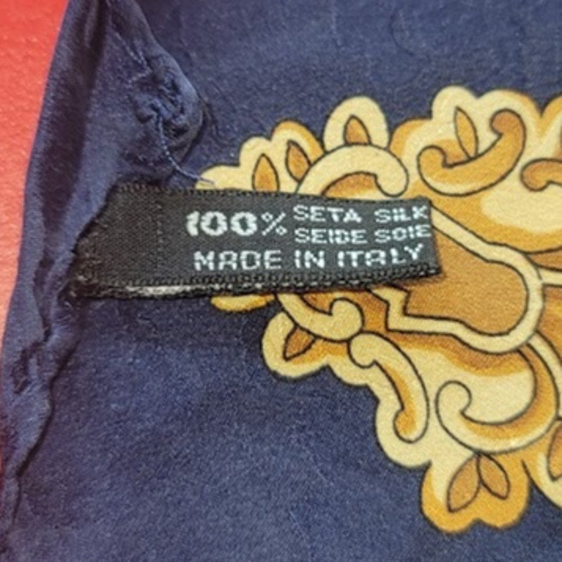 Vintage Italy Silk Scarf Navy Gold Tassel Equestrian Baroque Old Money Aesthetic