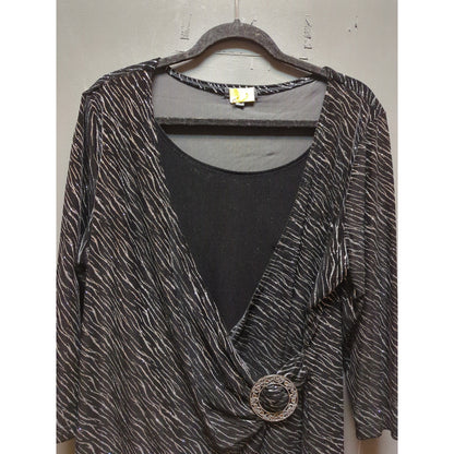 Vtg Elementz Faux Wrap Top Size 1X Black Velvet Silver Sparkly Y2K Holiday Glam