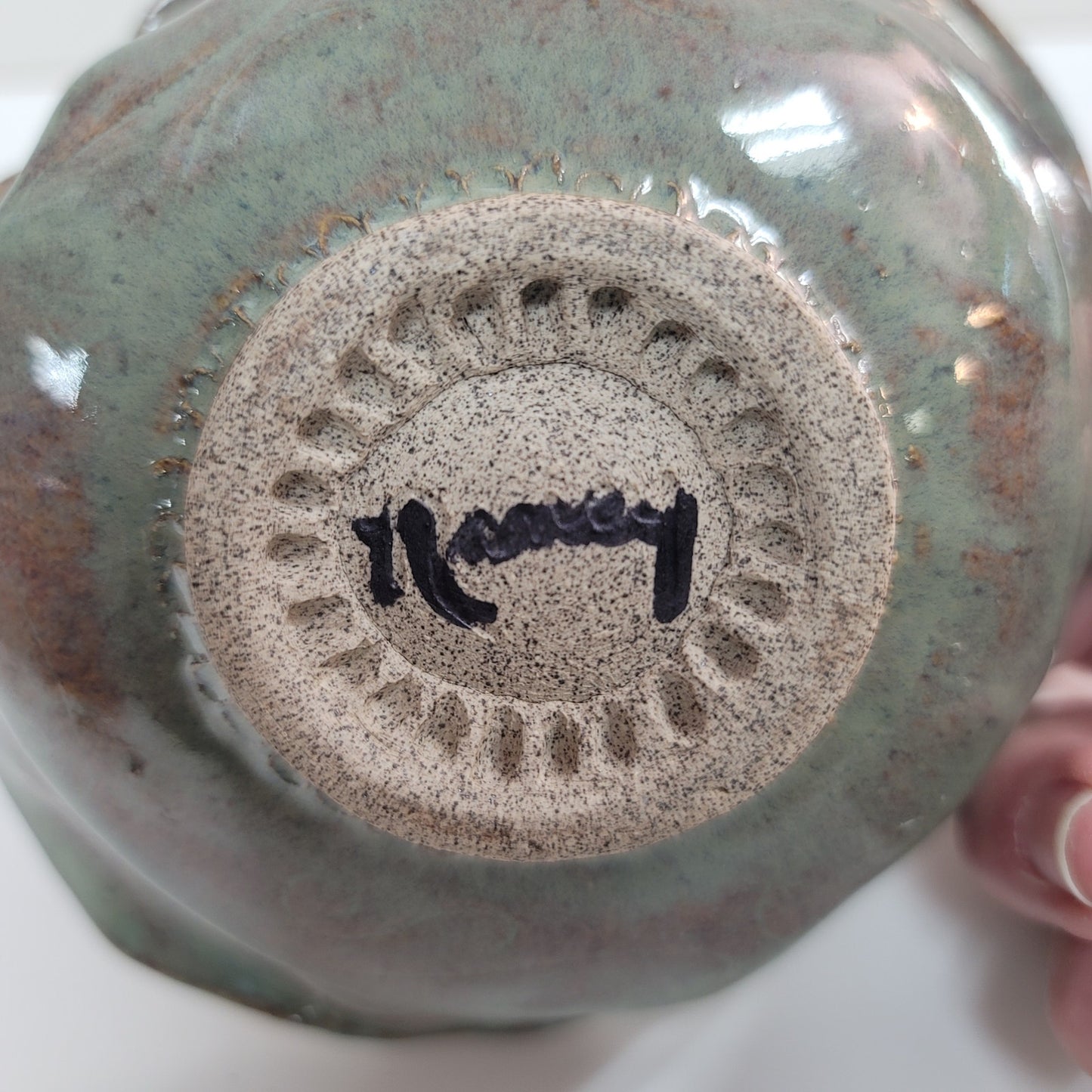 Handmade Art pottery free-form dish signed Nancy clay Red gray bowl flower 5"