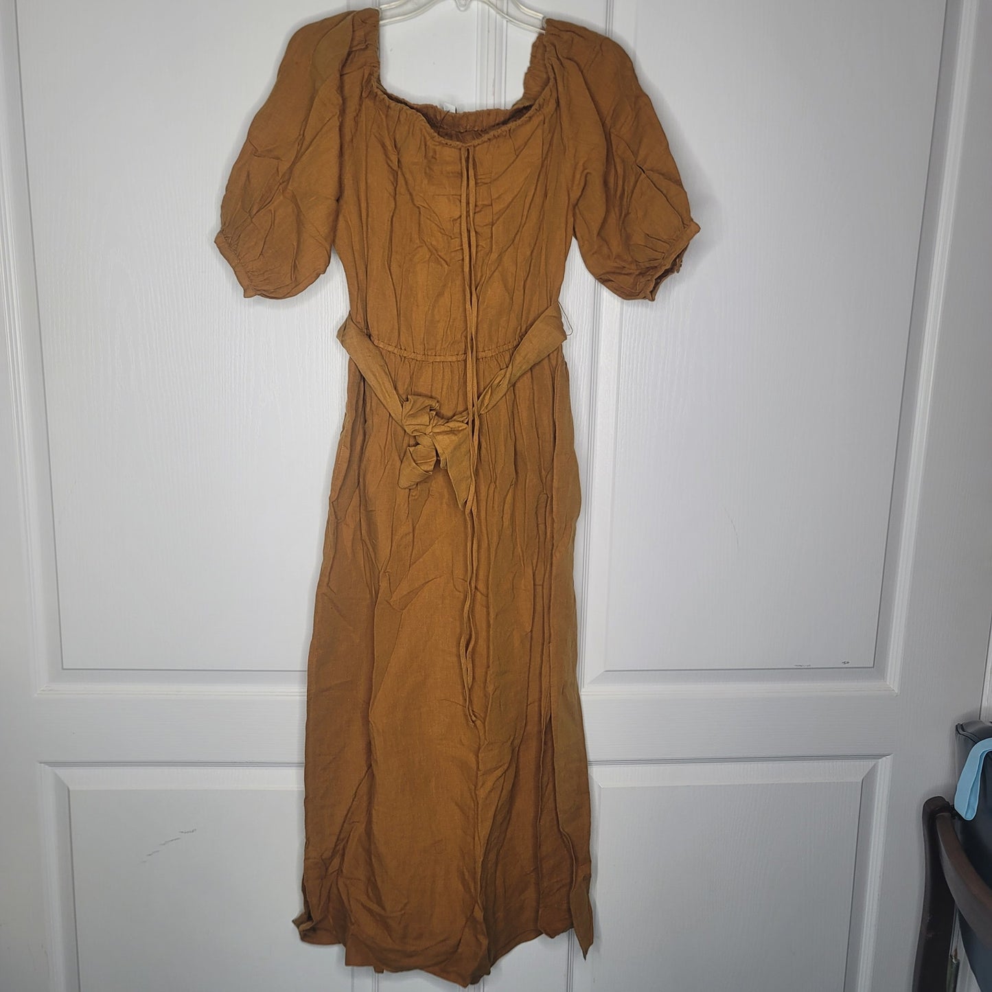 TOPSHOP Linen Belted Bardot Strapless Off Shoulder Dress Tan Brown Size 12