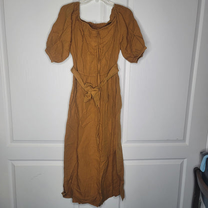 TOPSHOP Linen Belted Bardot Strapless Off Shoulder Dress Tan Brown Size 12