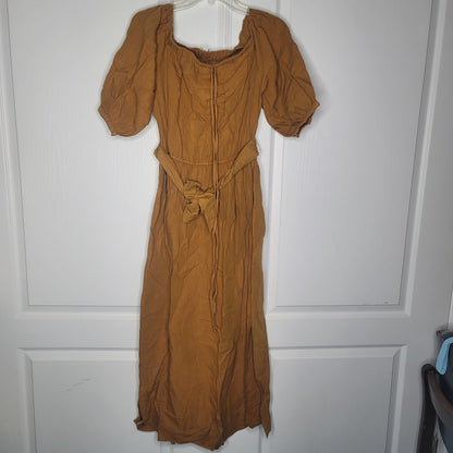 TOPSHOP Linen Belted Bardot Strapless Off Shoulder Dress Tan Brown Size 12