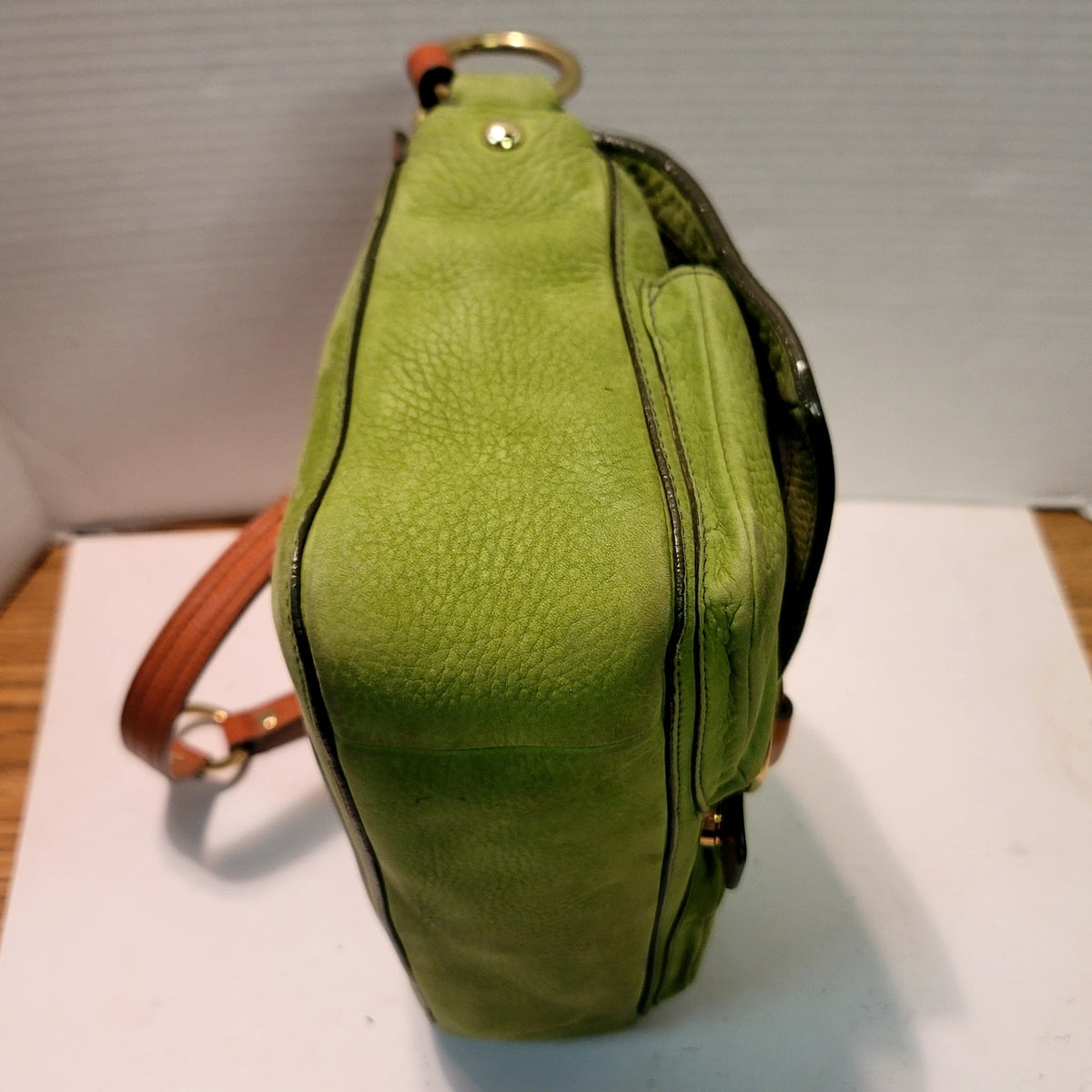 COACH Chelsea Y2K W Green Shoulder Bag Suede Carmel Leather Vintage Flap Front