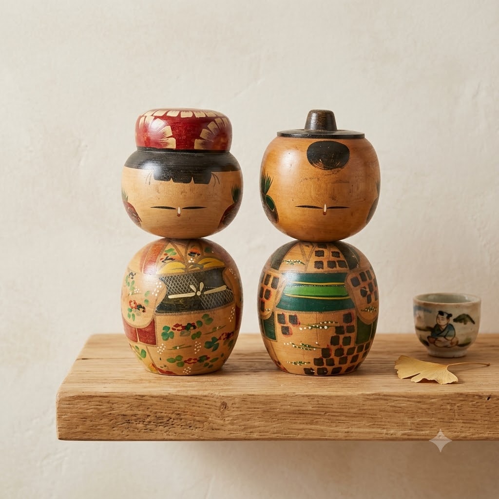Japanese Hand Painted Kokeshi Doll Pair Set Wooden Large Peg Bobble Head Figure