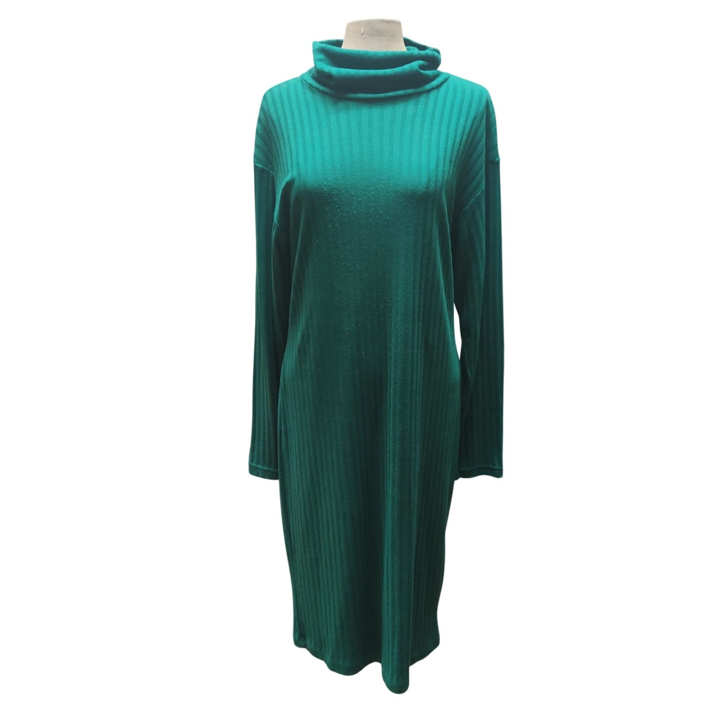 Vintage 80s Stylework Green Rib Knit Turtleneck Long Sleeve Sweater Dress Medium
