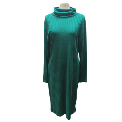 Vintage 80s Stylework Green Rib Knit Turtleneck Long Sleeve Sweater Dress Medium