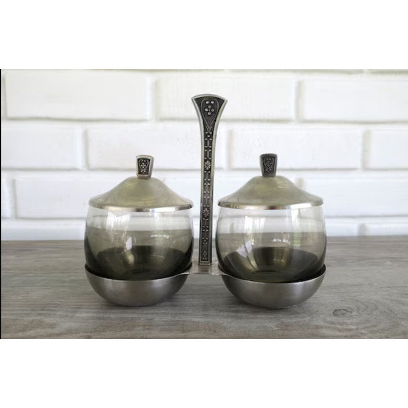 Mid Century Condiment Server Cordova Set MCM stainless steel glass mustard jelly