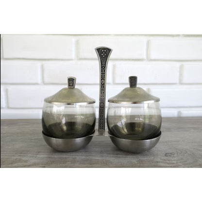 Mid Century Condiment Server Cordova Set MCM stainless steel glass mustard jelly