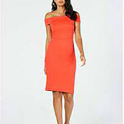 Thalia Sodi Off-The-Shoulder Neckline Bodycon Dress Back Zip Rich Coral Large
