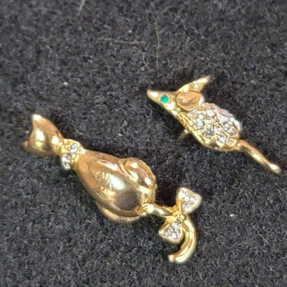 Cat and Mouse moving tail Pins Tie tacks Faux gold crystal and emerald chips