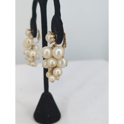 Vintage Faux Pearl Cluster Dangle Clip On Earrings Gold Tone Mid Century Glamour