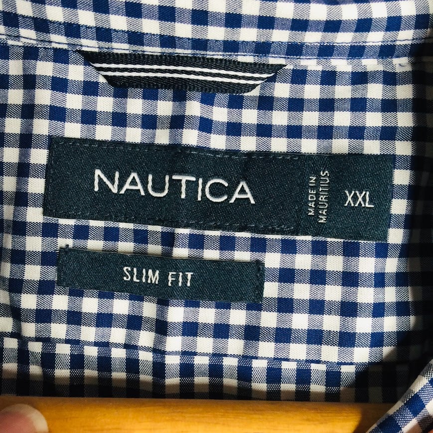 Nautica XXL Mens Slim Fit Long Sleeve Blue White Gingham Shirt Button Down
