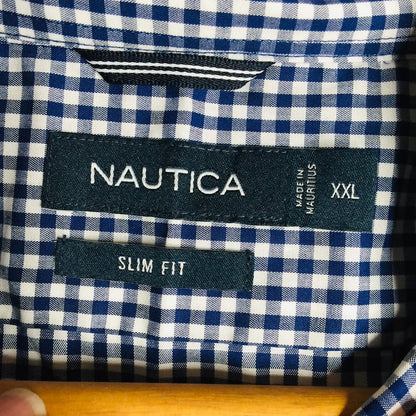 Nautica XXL Mens Slim Fit Long Sleeve Blue White Gingham Shirt Button Down