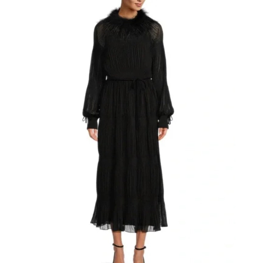 Gibson Latimer XL Black Dress Ostrich Collar Velvet Bow Pleats Midi Lined NOBELT