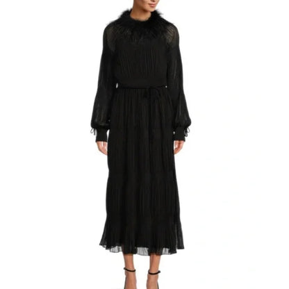 Gibson Latimer XL Black Dress Ostrich Collar Velvet Bow Pleats Midi Lined NOBELT