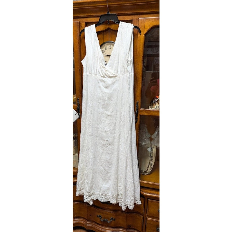Liz Claiborne White Linen Midi Eyelet Trim Sleeveless Casual Summer Dress Siz 14